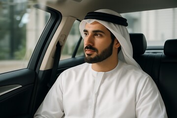 Elegant Arab Man in Traditional Attire in Luxury Car