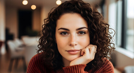 Close-up portrait of a young woman with curly hair resting her chin on her hand in a cozy cafe setting with natural light and blurred background