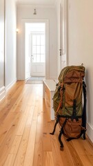 Backpack rests against a white wall in a long hallway with hardwood floors and a door at the end