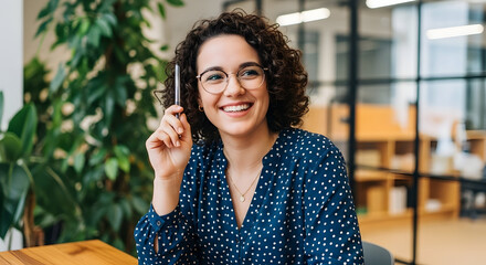 Happy young woman with curly hair and glasses smiling while working in a modern office environment with greenery and wooden furniture for professional and casual settings