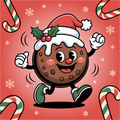 Chocolate cookie character, Santa hat and boots, running among candy canes, festive winter mascot, fun Christmas dessert illustration