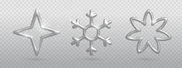 Set of 3d metallic silver snowflakes isolated on transparent background. Christmas holiday decorations. Vector illustration