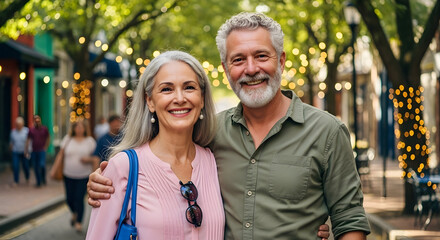 Happy mature couple enjoying outdoor festival in park with string lights and trees during daytime for leisure and social activities
