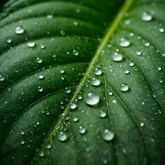 Fototapeta premium Raindrops on a verdant leaf with intricate veins and organic accents
