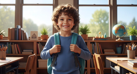 Happy Schoolboy with Backpack Standing in Classroom Brightly Lit by Sunlight Smiling at Camera Ready for School Day Educational Environment Learning Concept