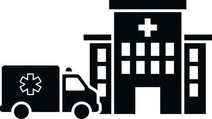 Hospital building with a cross symbol and an ambulance silhouette vector parked outside. black and white emergency and healthcare concept illustration for medical services. © Munna_SH