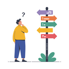 Confused person standing before crossroads signpost pondering decision and question mark above head illustration