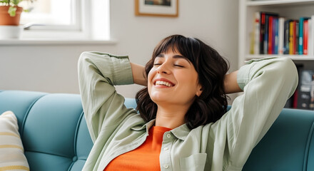 Happy woman relaxing on sofa with eyes closed enjoying leisure time in cozy living room with bookshelves and bright natural light in background