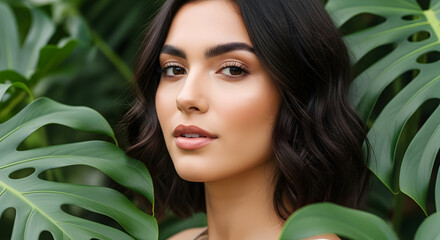 Beautiful woman with dark wavy hair and flawless skin surrounded by lush green tropical leaves in a natural outdoor setting for beauty skincare and fashion themes