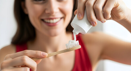 Happy woman smiling while applying toothpaste to her toothbrush in a bright bathroom setting for oral hygiene and dental care concepts