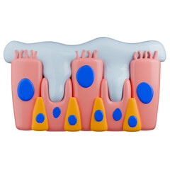 3D medical illustration of a normal, healthy nasal mucous membrane covered by mucous. Consisting of ciliated cells, goblet cells and basal cells.