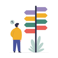 Man standing at crossroads signpost pondering choices business strategy decision making career path options illustration © ArtBySalea07