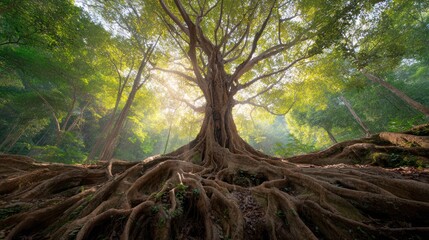 Ancient tree with exposed roots reaches into sunlight in lush, green forest setting