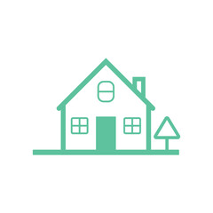 Fototapeta premium Outline Design Green House with Windows, Door and Tree on Transparent Background