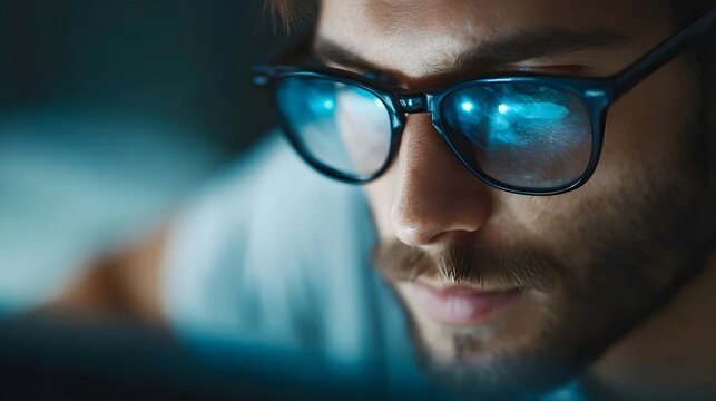 Close up of a man wearing blue light blocking glasses reflecting a computer screen