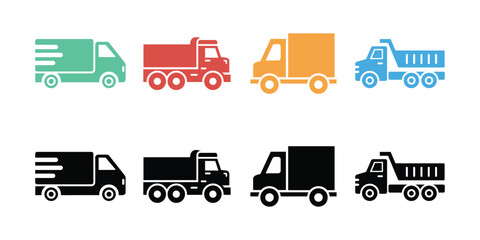 Simple colorful trucks collection icon set on white background, flat transportation