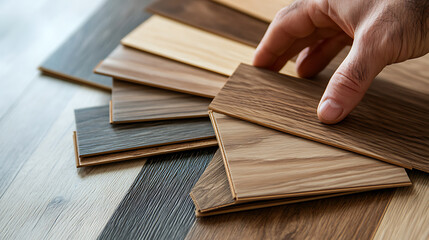 An array of different flooring swatches with a hand selecting one. There are wood panels and tiles in a variety of colors and textures for comparison.