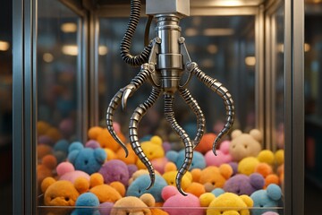 Grabbing claw for toy arcade. Gripping arm gripper for slot machine robot for fortune chance game playing.