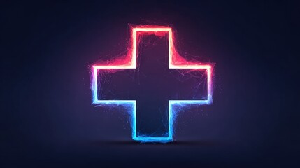 Obraz premium Glowing Medical Symbol: A vibrant medical cross symbol glows with a striking neon outline against a dark backdrop, it is evoking a sense of health, care and cutting-edge healthcare.
