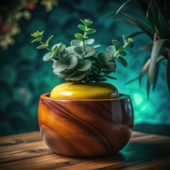 Modern Home Decor with Green Plant and Bright Yellow Jar, Colorful Kitchen or Living Room Decor Setup