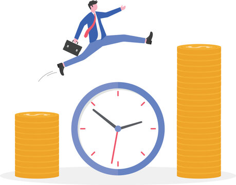 Happy businessman jumping on pile of money coins growth in flat design

