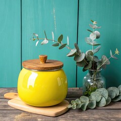 Modern Home Decor with Green Plant and Bright Yellow Jar, Colorful Kitchen or Living Room Decor Setup