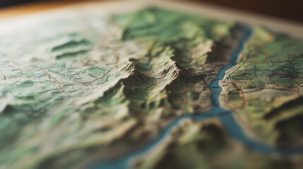 Fototapeta premium Elevated terrain map detailing mountainous regions and waterways. Topographical representation showcases intricate details. Geographical exploration aid.