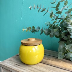 Modern Home Decor with Green Plant and Bright Yellow Jar, Colorful Kitchen or Living Room Decor Setup