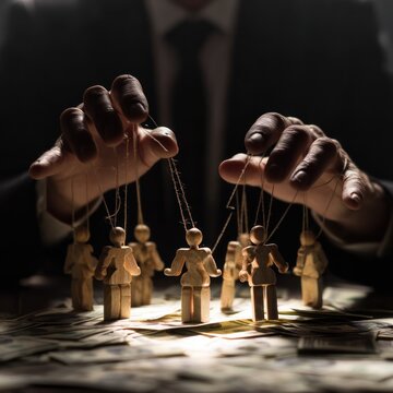 Hands manipulating puppet figures on money