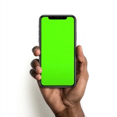 Hand holding smartphone with green screen