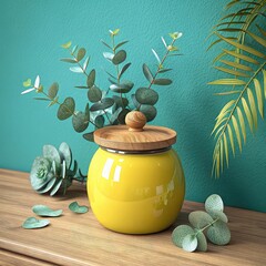 Modern Home Decor with Green Plant and Bright Yellow Jar, Colorful Kitchen or Living Room Decor Setup