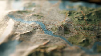 Close-up of a relief map showcasing topography and waterways, with a shallow depth of field emphasizing surface details and geographical features.