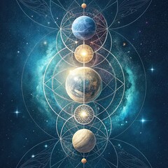 Fantasy Universe Background with Planets and Orbits, Celestial Abstract Illustration of Planetary System 