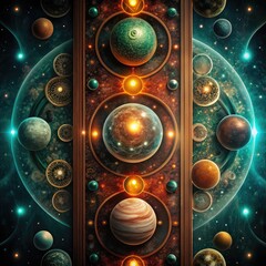 Fantasy Universe Background with Planets and Orbits, Celestial Abstract Illustration of Planetary System 