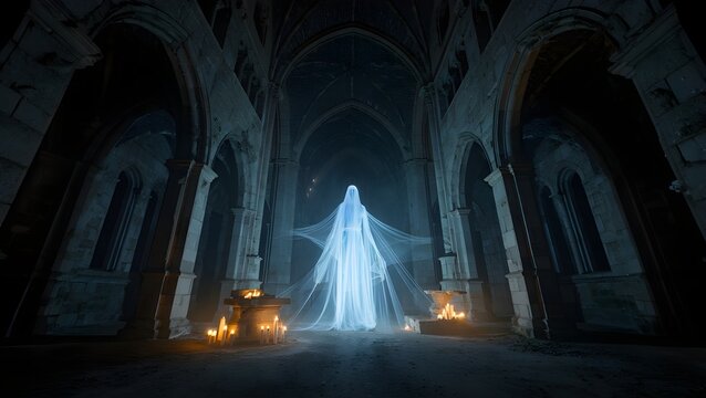 Translucent Spirit in Gothic Cathedral Ruins &ndash; Haunted Digital Illustration with Candles