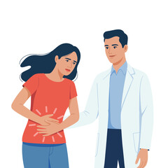 Doctor comforts patient experiencing abdominal pain and discomfort during medical consultation illustration