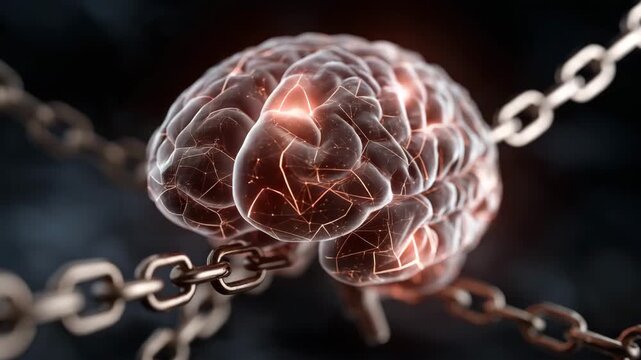 A brain is tied to a chain. The brain is black and red. The chain is silver. Glowing AI brain encircled by floating law symbols and metallic chains, legal framework dramatic conceptual