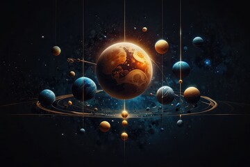 Fantasy Universe Background with Planets and Orbits, Celestial Abstract Illustration of Planetary System 
