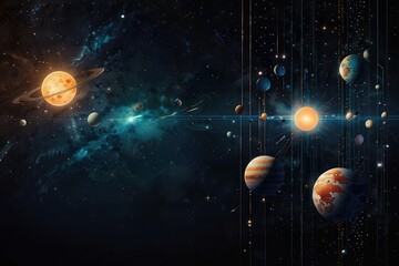Fantasy Universe Background with Planets and Orbits, Celestial Abstract Illustration of Planetary System 