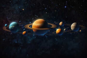 Fantasy Universe Background with Planets and Orbits, Celestial Abstract Illustration of Planetary System 