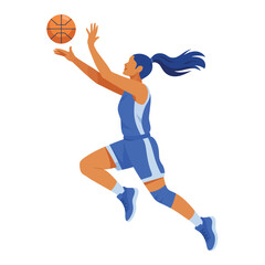 Dynamic woman basketball player leaping and shooting ball in blue uniform mid-air athletic action shot illustration © ArtBySalea07