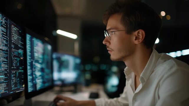 A man is sitting at a computer with a monitor in front of him. He is wearing glasses. data scientist coding AI bias reduction algorithms on glowing screen, governance ethics muted clean