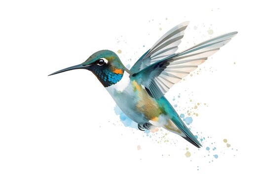 Iridescent Watercolor Hummingbird &ndash; Mid-Flight Illustration on White Background