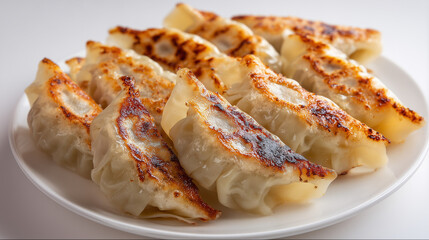 白い背景に盛り付けられた表面がこんがりと焼けたジューシーな焼き餃子の鮮明なクローズアップ