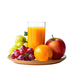 Glass of orange juice beside a fruit platter