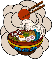 Traditional Japanese ramen and wave for restaurant printing on wallpaper.Ramen vector illustration for doodle art.Sunrise with chopsticks vector for painting on background.Elements set of Hotpot.