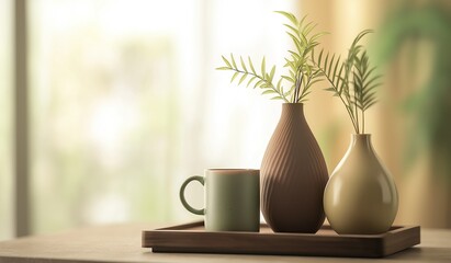 Fototapeta premium Three vases and one mug on a tray placed in front of a window with green plant and brown vase against blurred background, home decor concept