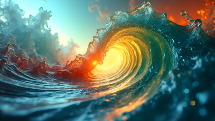 Abstract fractal-inspired composition with a multicolored glass texture, blending blue, green, yellow, and red into a glowing gradient wave effect full of depth and movement