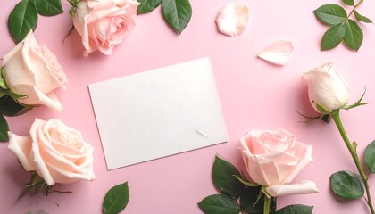 Blank card surrounded by pink roses and petals on a pink background