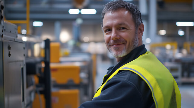 Smiling factory worker in a safety vest, in the background a modern factory with yellow machinery and overhead lighting is visible, wearing a safety vest.
